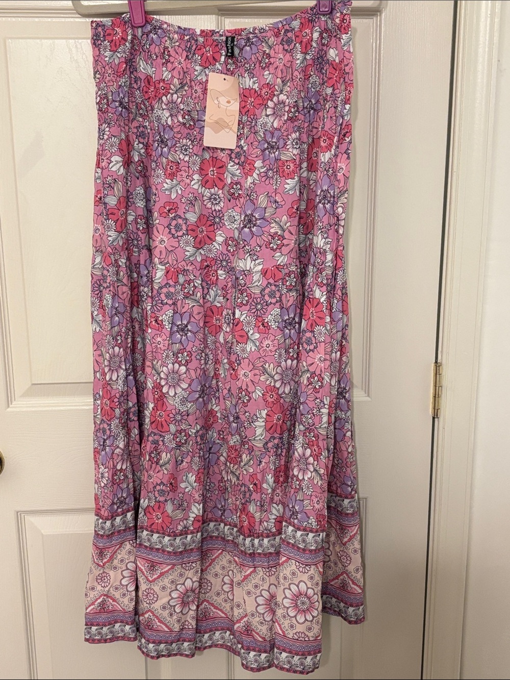 Pink Floral Maxi Skirt with Border Hem